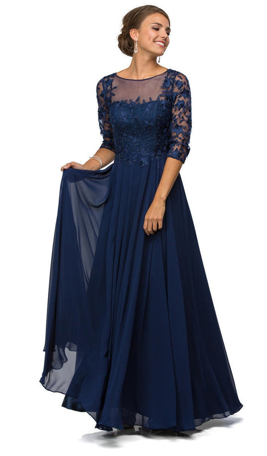 Dancing Queen - 9559 Gorgeous 3/4 Sleeve Sheer Long Prom Dress in Blue