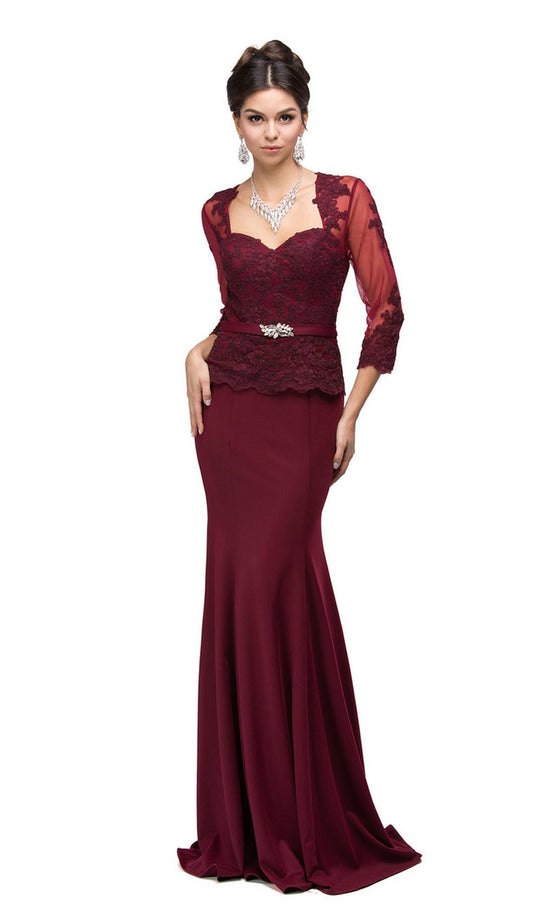 Dancing Queen - 9573 Sheer Sleeves Majestic Lacy Bodice Long Formal Dress in Red