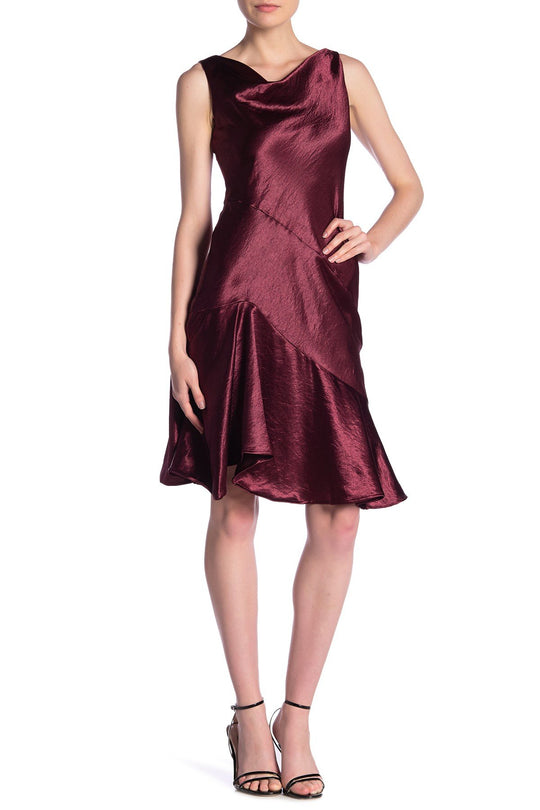 Taylor - 9973M Cowl Neck Satin Asymmetrical Hemmed Dress In Red
