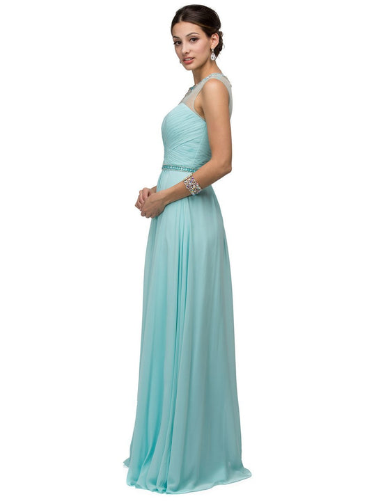 Dancing Queen - 9580 Bejeweled Chiffon A-line Dress in Aqua Green