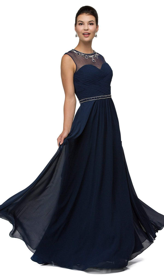 Dancing Queen - 9580 Jeweled Illusion Ruched Chiffon Prom Dress In Blue