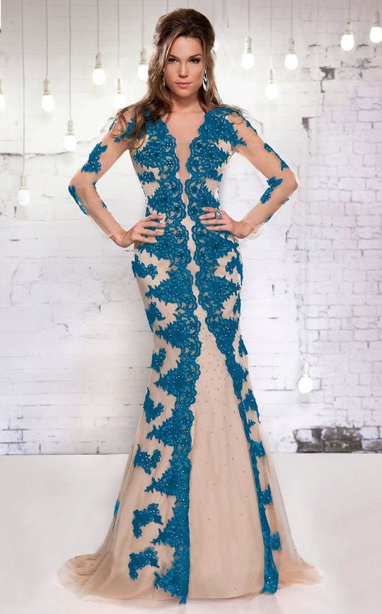 MNM Couture - 9582W Lace Applique Embellished Mermaid Gown In Neutral and Blue