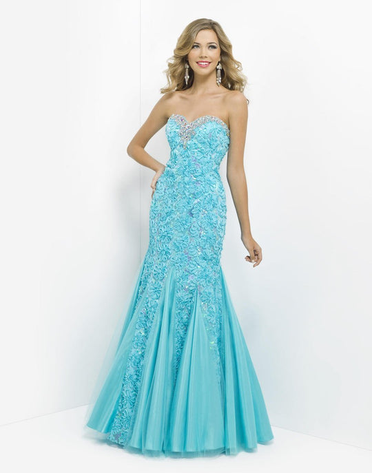 Blush - Embroided Floral Strapless Mermaid Gown 9582 In Blue
