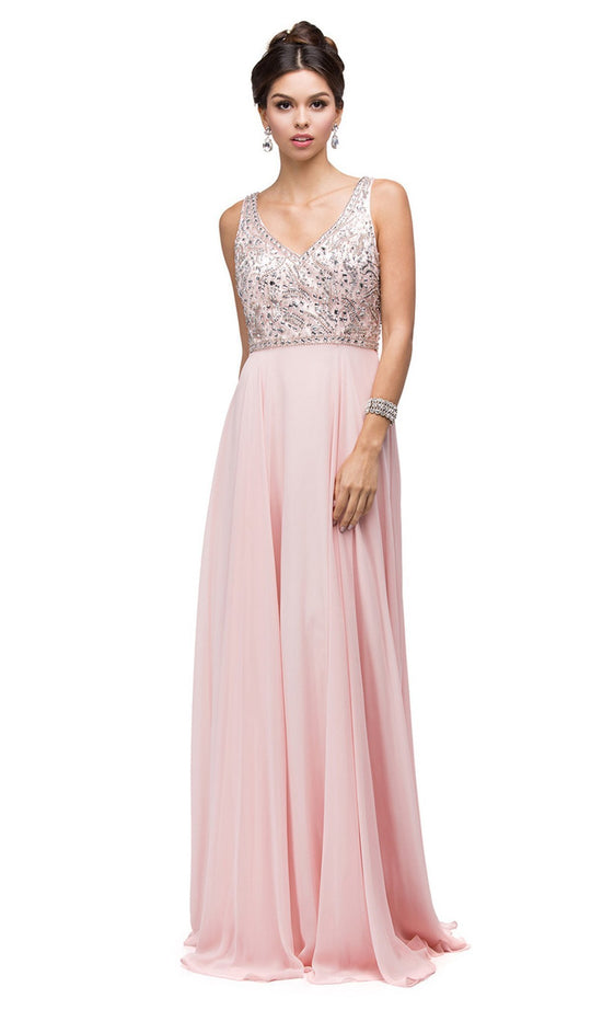 Dancing Queen - 9589 Beaded Bodice Chiffon A-line Prom Dress In Pink