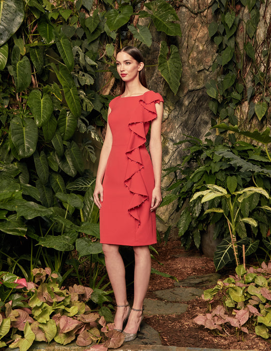 Alexander by Daymor - 958 Knee Length Cap Sleeve Beaded Cascade Dress In Red