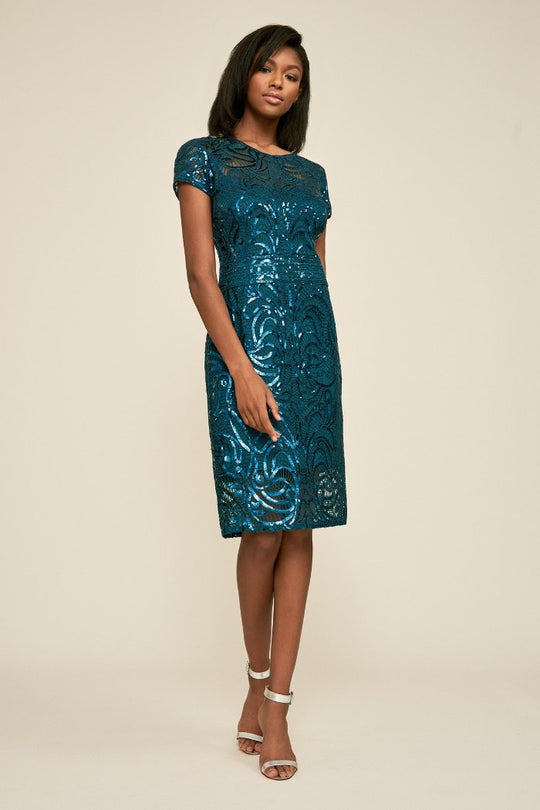 Tadashi Shoji - Sequined Jewel Neck Sheath Dress In Blue