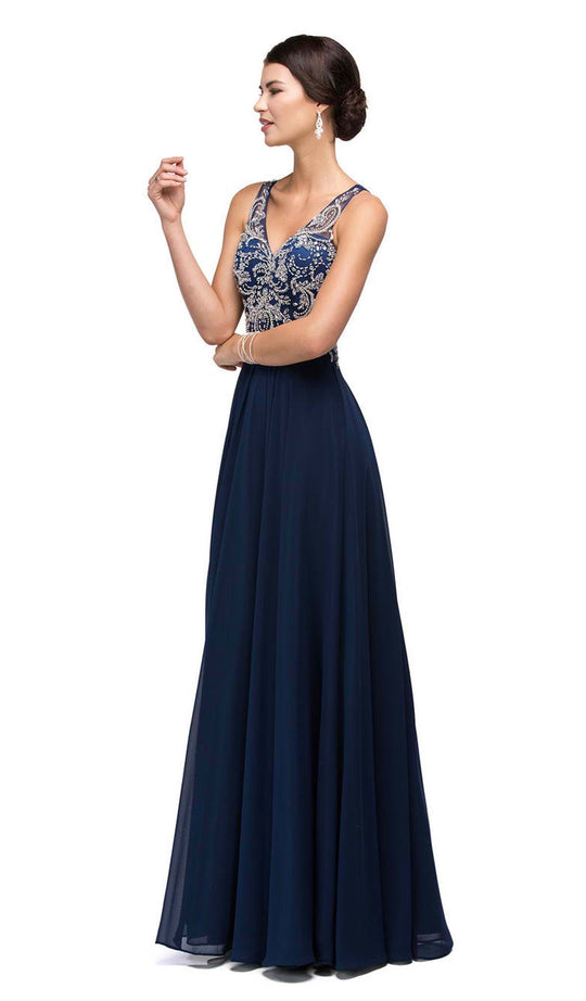 Dancing Queen - 9603 Long Lace Adorned Illusion A-Line Prom Dress