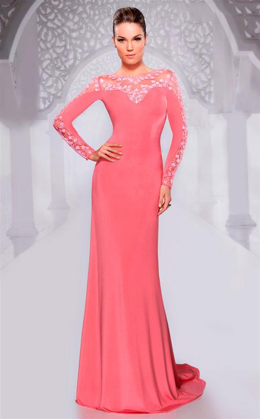 MNM Couture - 9607 Embellished Sheer Long Sleeve Dress In Pink