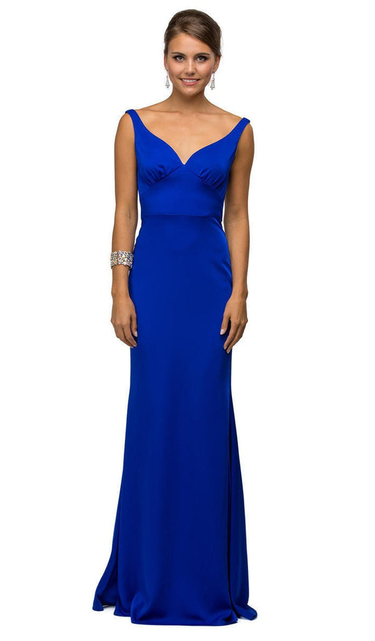 Dancing Queen - 9609 V-Neck Wide Waistband  Evening Dress in Blue
