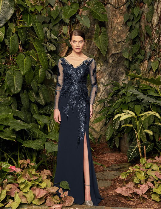 Alexander by Daymor - 960 Illusion Sleeves Sequin Lace Applique Sheath Gown In Blue and Black