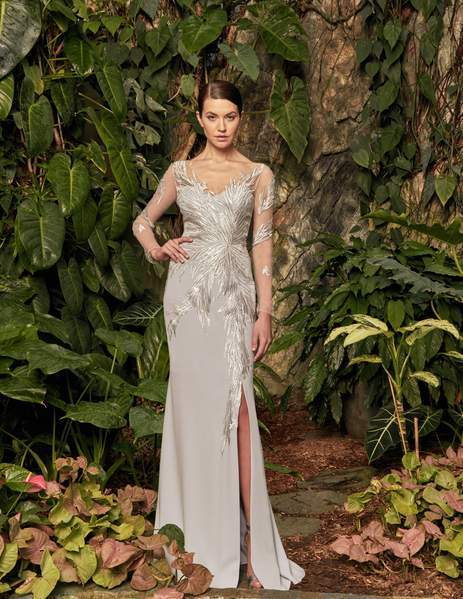 Daymor Couture - Illusion Sleeves Sequin Lace Applique Sheath Gown 960 In Gray