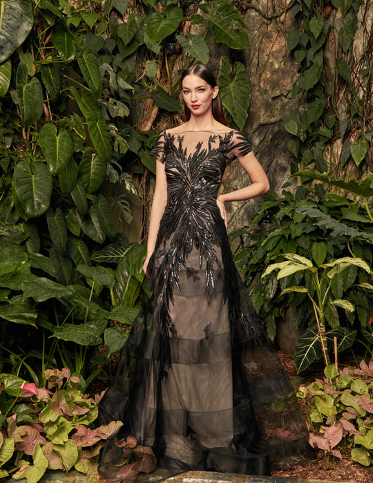 Alexander by Daymor - 961 Cap Sleeve Sequin-Ornate Embroidered Gown In Black