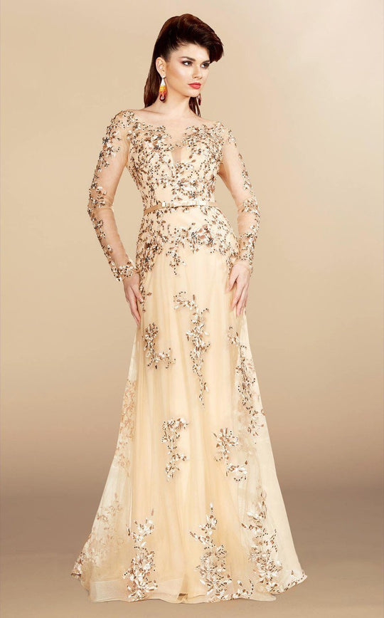 MNM Couture - 9621 Illusion Bateau Neck A-Line Dress in Gold