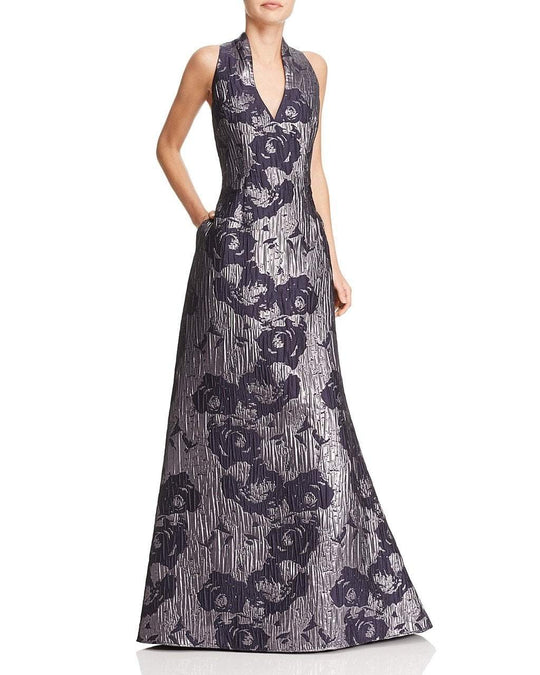Aidan Mattox - MD1E200784 Sleeveless Metallic Floral Print Gown in Black and Silver