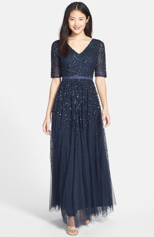 Adrianna Papell - Sequined Mesh Tulle Long Dress 91897400 in Blue