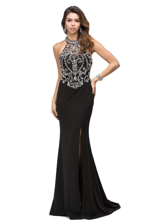 Dancing Queen - 9646 Halter Illusion Beaded Evening Gown with Slit in Black