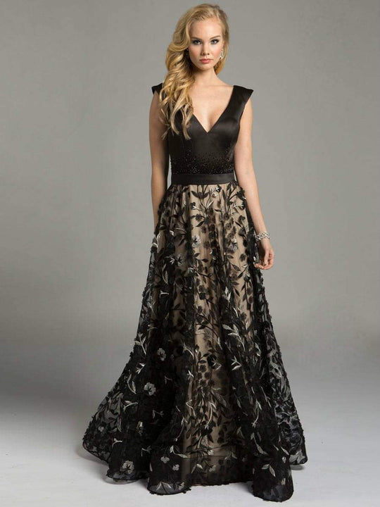 Lara Dresses - Sleek V-Neckline A-Line Evening Gown with Floral Embroidery and Rhinestone Embellishments 33239, Black