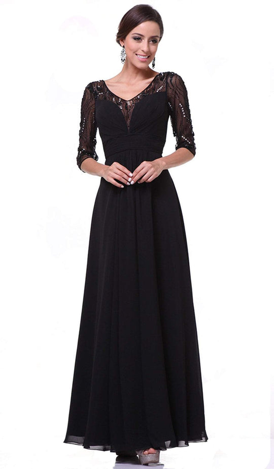 Cinderella Divine - 967 Sheer Quarter Length Sleeve Ruched A-line Dress in Black 