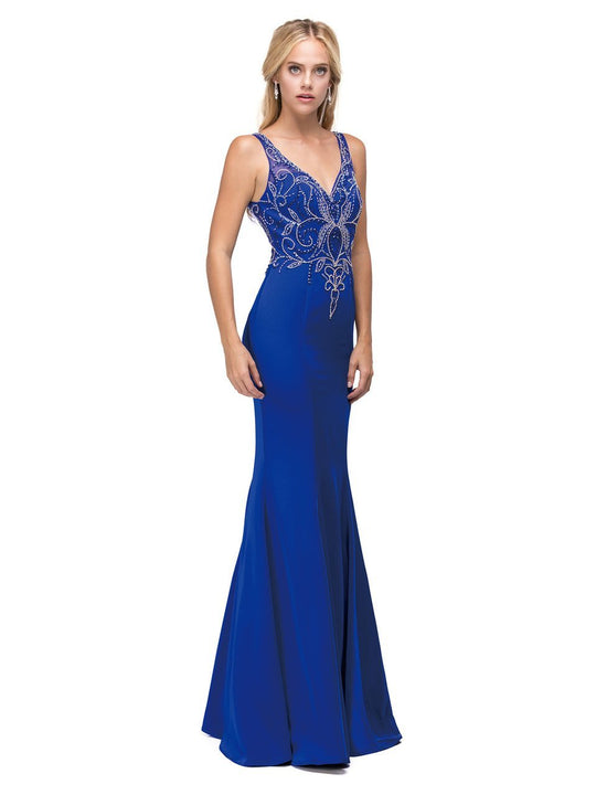 Dancing Queen Long Beaded V-Neck Bodice Prom Dress 9671