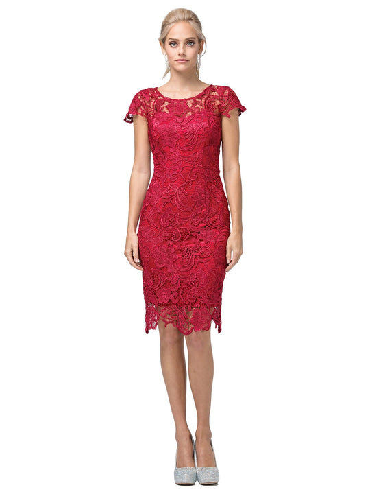Dancing Queen - 9677 Lace Embroidered Scoop Neck Fitted Dress In Red