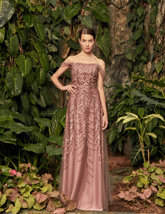 Alexander by Daymor - 967 Beaded Off-Shoulder Tulle A-line Dress In Brown