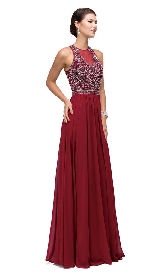 Dancing Queen - 9689 Jeweled High Illusion Long Chiffon A-Line Prom Dress in Red