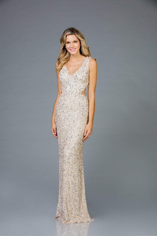 Scala - 48962 Sequined V-neck Long Sheath Dress In Nude and Silver