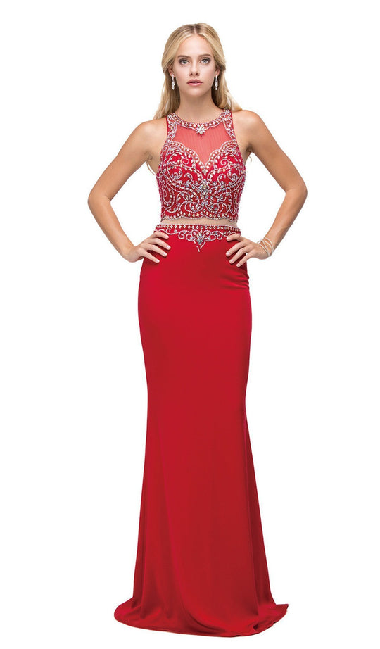 Dancing Queen - 9700 Mock Two-Piece Embellished Bodice Prom Gown in Red