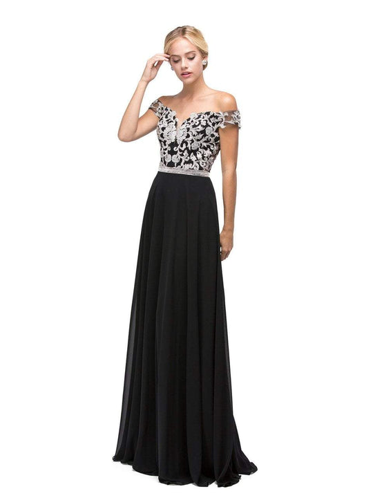 Off-the-Shoulder Long Prom Dress with Lace Applique in Black