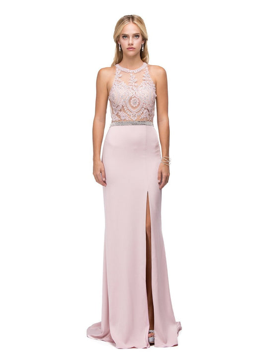 Elegant Beaded Jeweled Illusion Long Prom Dress In Pink
