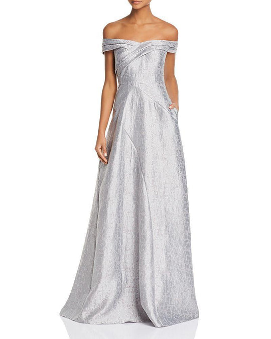 Aidan Mattox - MD1E201920 Pleated Off Shoulder Metallic Jacquard Gown in Silver