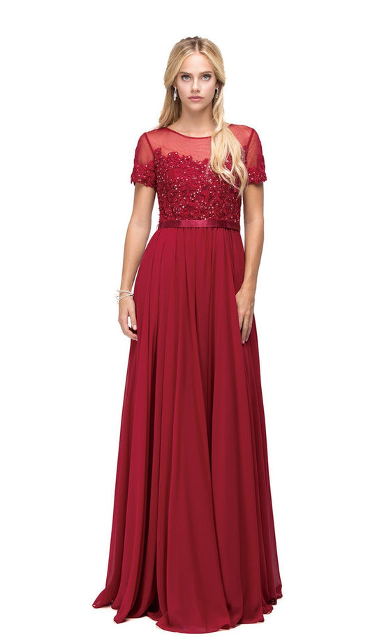Dancing Queen - 9710 Short Sleeve Illusion Yoke Chiffon Evening Dress