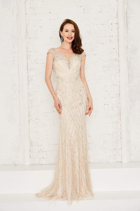 Angela & Alison - 971133 Cap Sleeve Sheer Embellished Evening Gown In Neutral