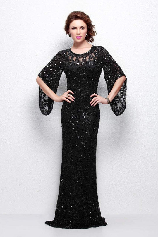 Primavera Couture - 9713 Sequined Sheath Gown with Flared Sleeves in Black