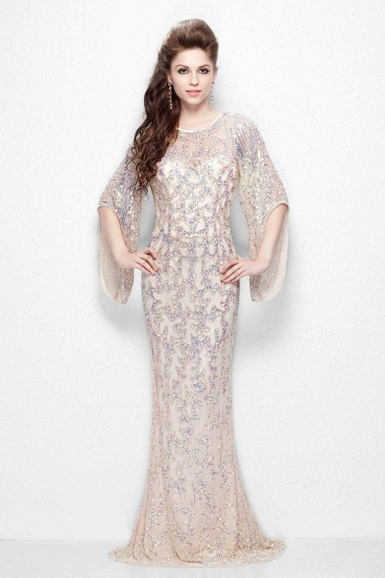 Primavera Couture - Sequined Flare Sleeve Illusion Sheath Gown 9713  in Neutral