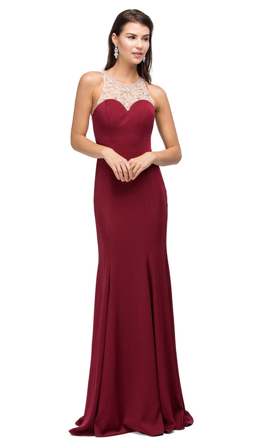 Dancing Queen - 9715 Adorned Sleeveless Illusion Jewel Jersey Prom Dress In Red