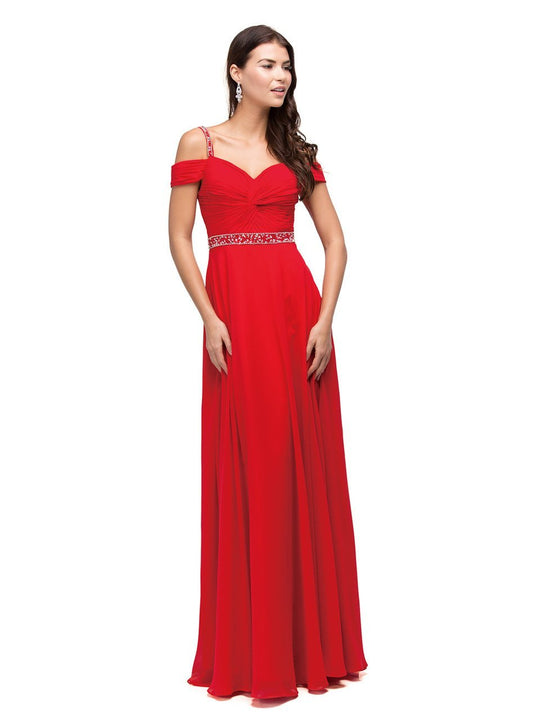 Dancing Queen - 9718 Ruched Bejeweled Cold Shoulder Red Chiffon Dress in Red
