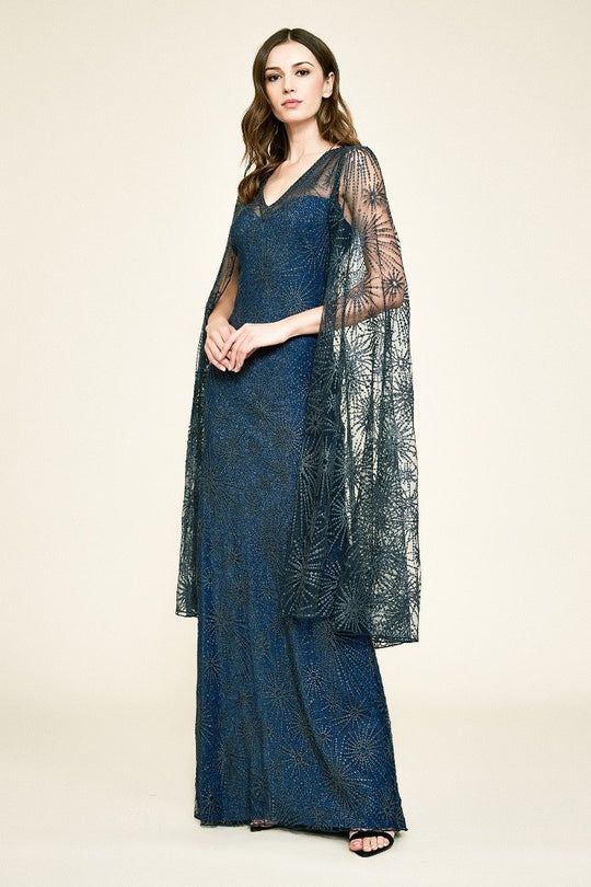 Tadashi Shoji - Embellished V-Neckline with Cape Long Dress In Blue