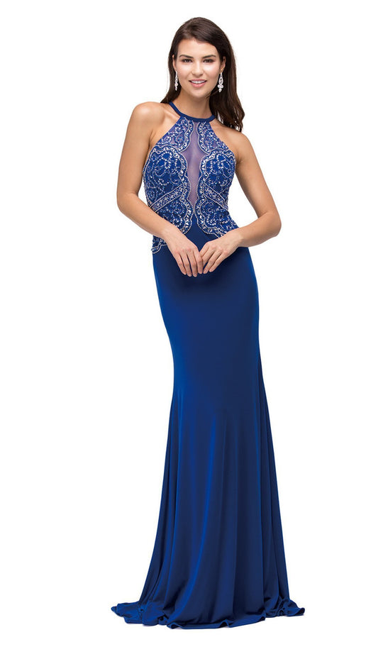 Dancing Queen - 9737 Halter Neck Beaded Bodice Long Prom Dress in Blue