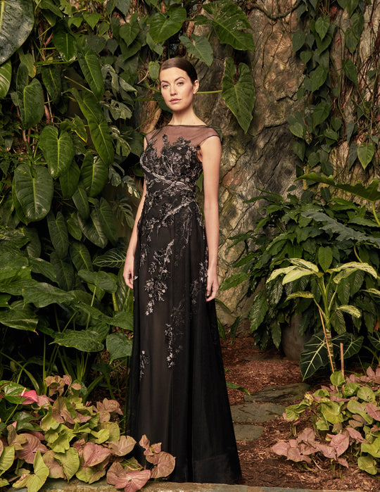 Alexander by Daymor - 973 Lace Applique Bateau A-Line Dress In Black