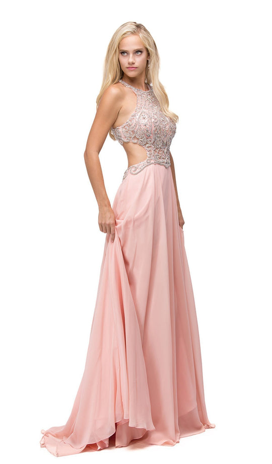 Dancing Queen - 9740 Bejeweled A-line Evening Dress in Pink