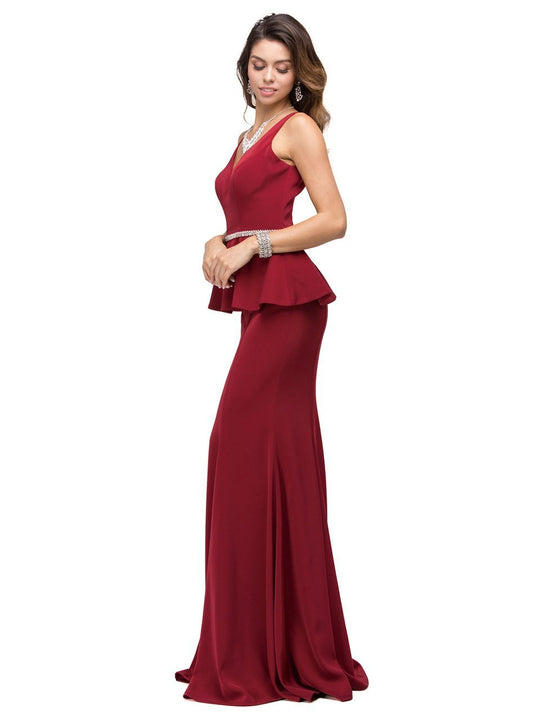 Dancing Queen - Sleeveless V Neck Peplum Evening Gown in Red