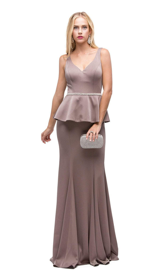 Dancing Queen - 9750 Jewel Encrusted V-Neck Peplum Evening Dress In Mocha