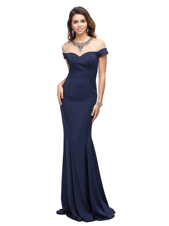 Dancing Queen Jeweled Illusion Short Sleeve Long Gown - 1 pc Navy In Size L Available In Blue