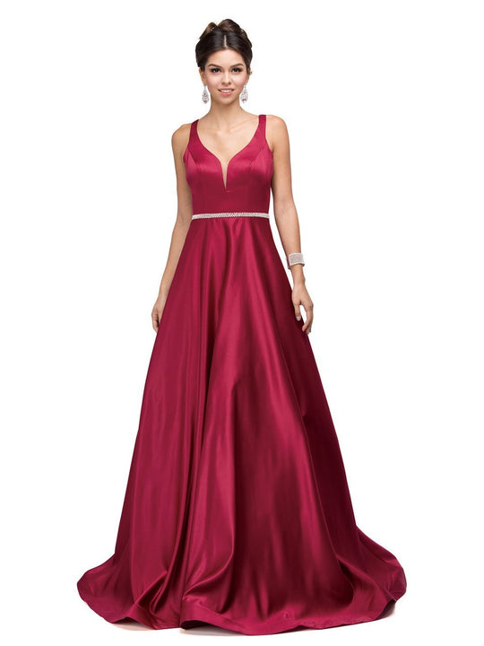 Classic Long Satin Prom Dress with V-back and Plunging Neckline in Red