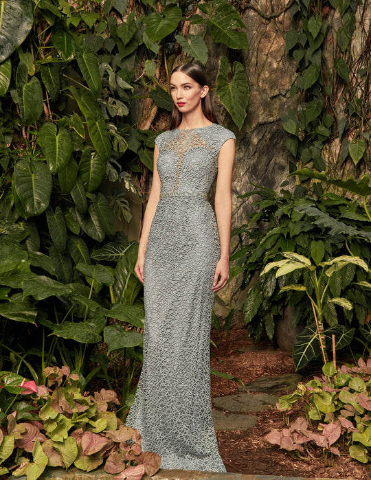 Alexander by Daymor - 975 Fully Lace Cap Sleeve Bateau Sheath Dress In Gray