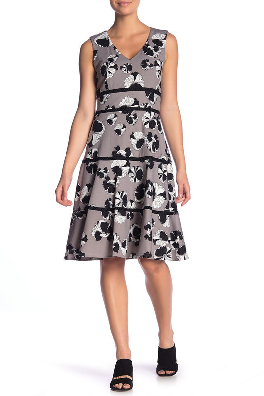 Taylor - 1169M Floral Print V Neck Sleeveless Crepe Dress In Black and Gray