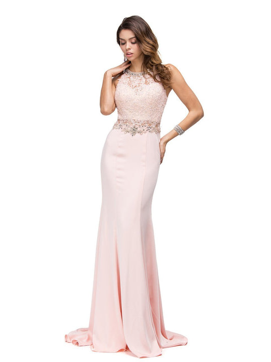 Lace Applique Beaded Bodice Long Prom Dress in Pink