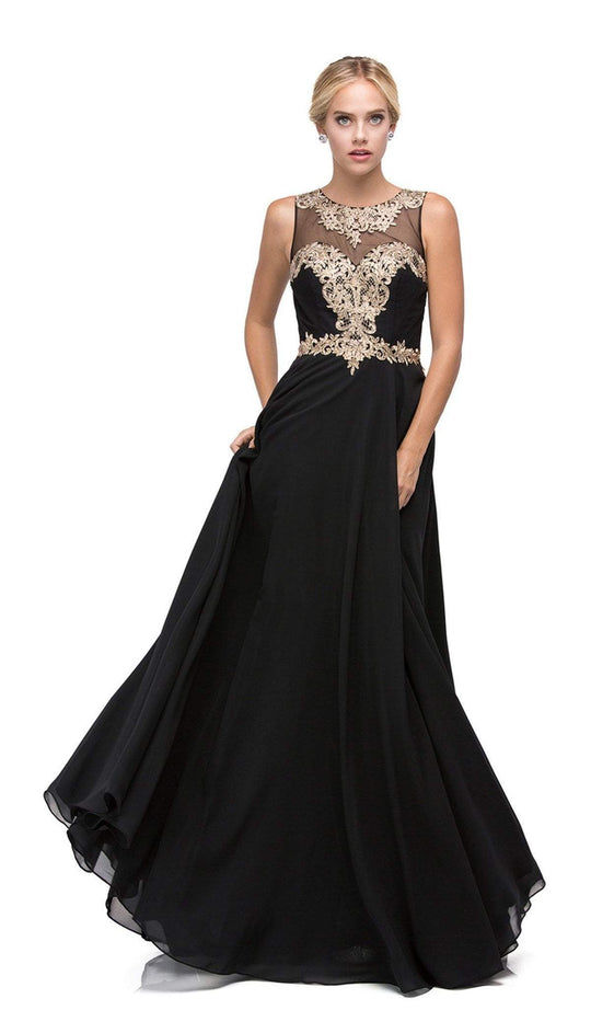 Dancing Queen - 9764 Gilded Lace Illusion A-Line Prom Dress In Black