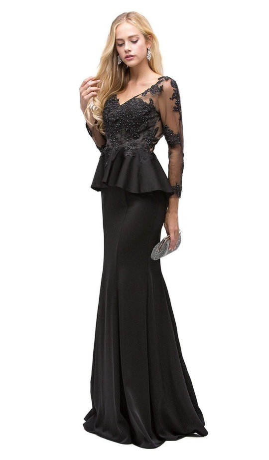 Dancing Queen - 9765 Attractive Lace Beaded Bodice Long Prom Dress in Black